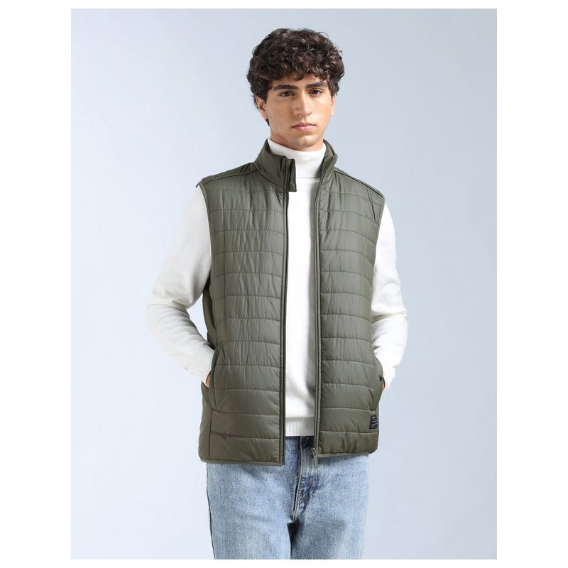 Flying Machine Green High Neck Sleeveless Winter Jacket (L)
