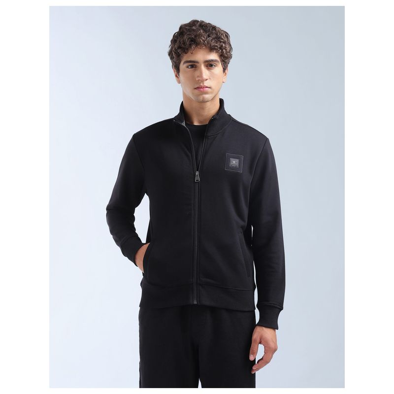 Flying Machine Black Cotton Full Sleeves High Neck Sweatshirt (M)
