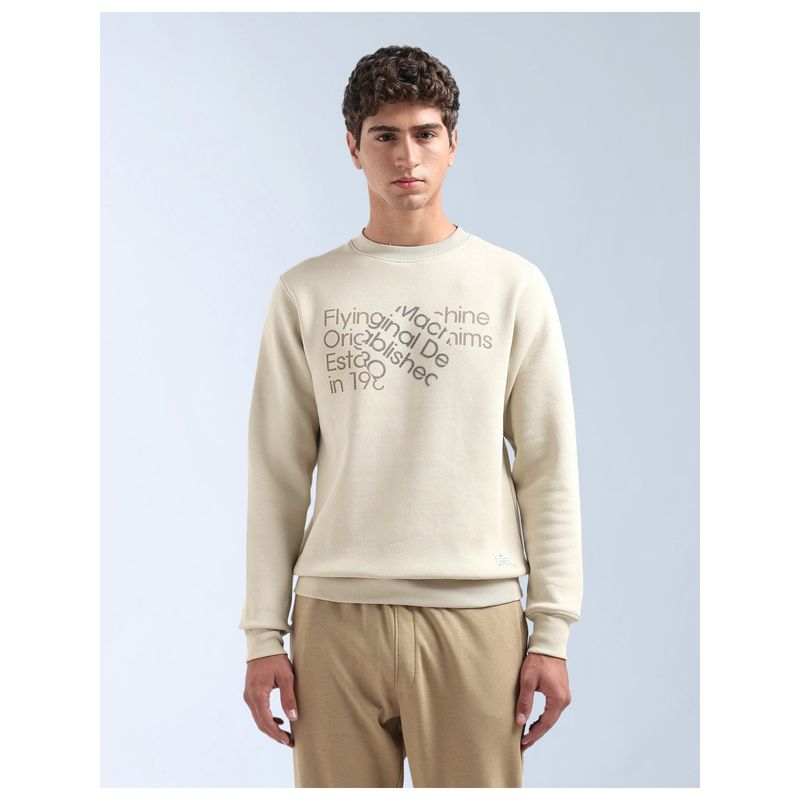 Flying Machine Cotton Full Sleeves Men Beige Sweatshirt (S)