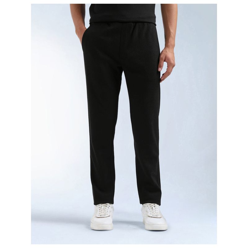 Flying Machine Textured Mid Rise Black Trackpant (L)