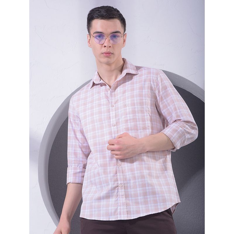 CRIMSOUNE CLUB Men Peach Checked Shirt (S)
