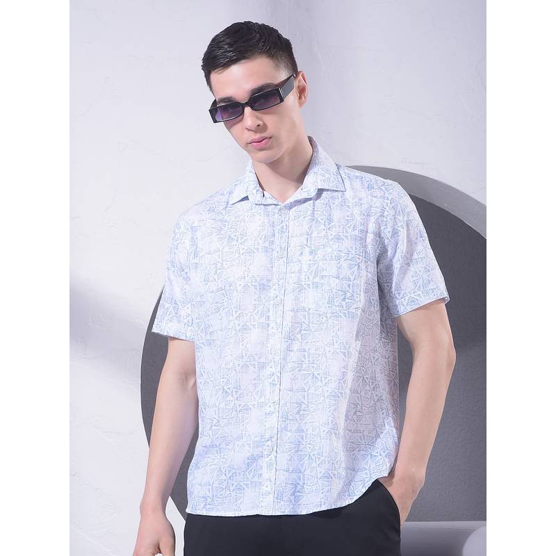 CRIMSOUNE CLUB Men Blue Printed Half Sleeves Shirt (L)