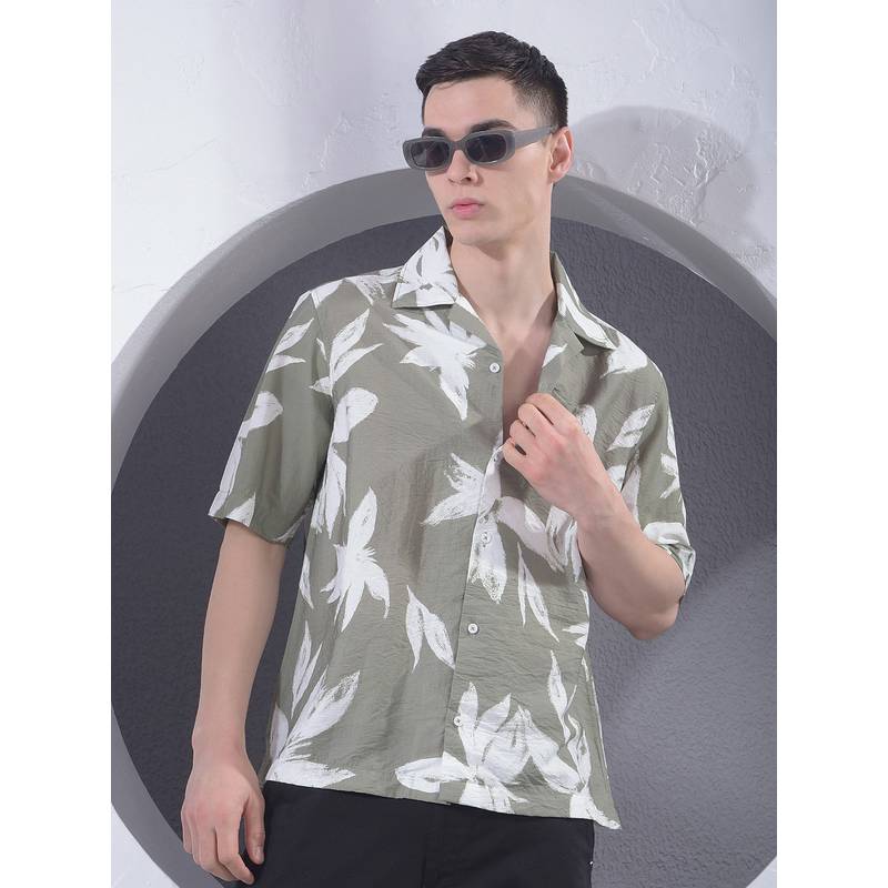 CRIMSOUNE CLUB Men Green Floral Print Resort-Collar Shirt (XL)