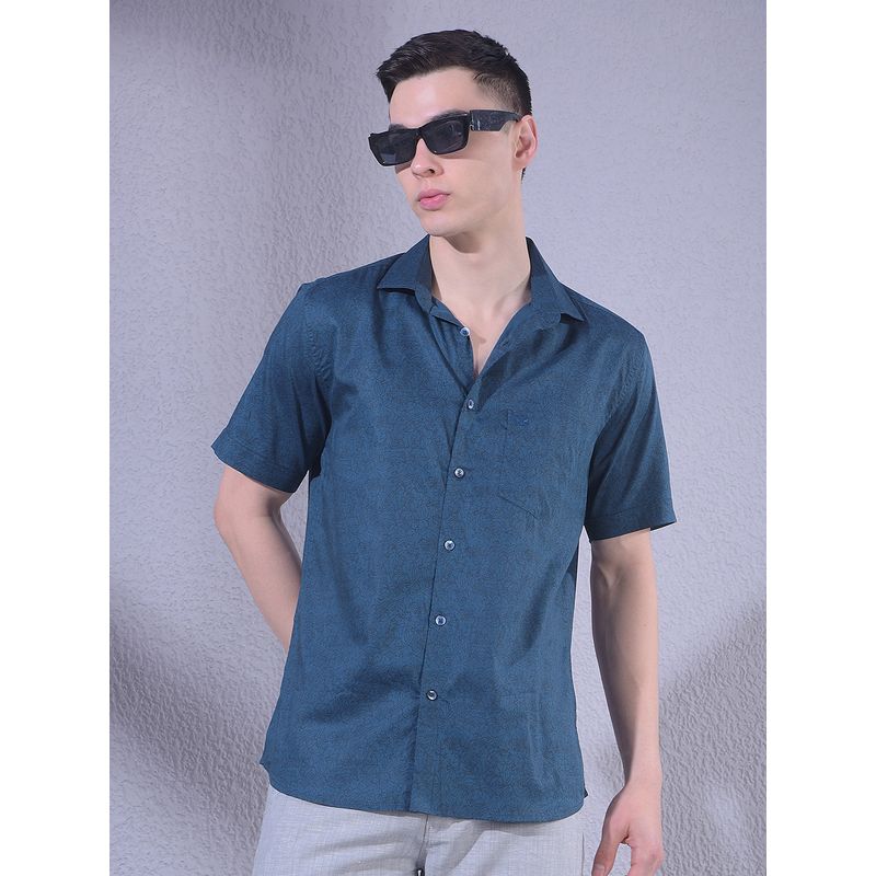 CRIMSOUNE CLUB Men Green Floral Print Modal Shirt (M)