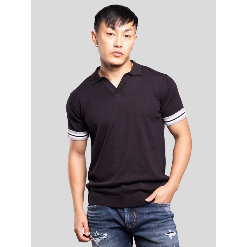 ROOKIES Jet Black Half Sleeves Flatknit Polo T-Shirt (XL)