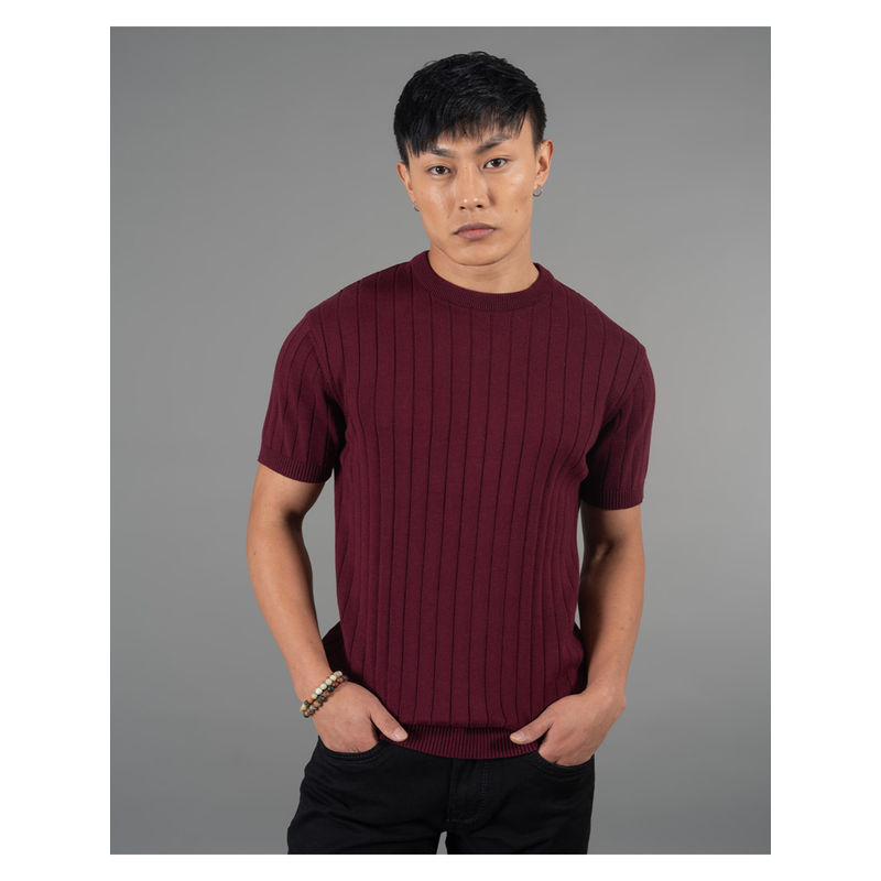 ROOKIES Maroon Round Neck Flatknit T-Shirt (L)