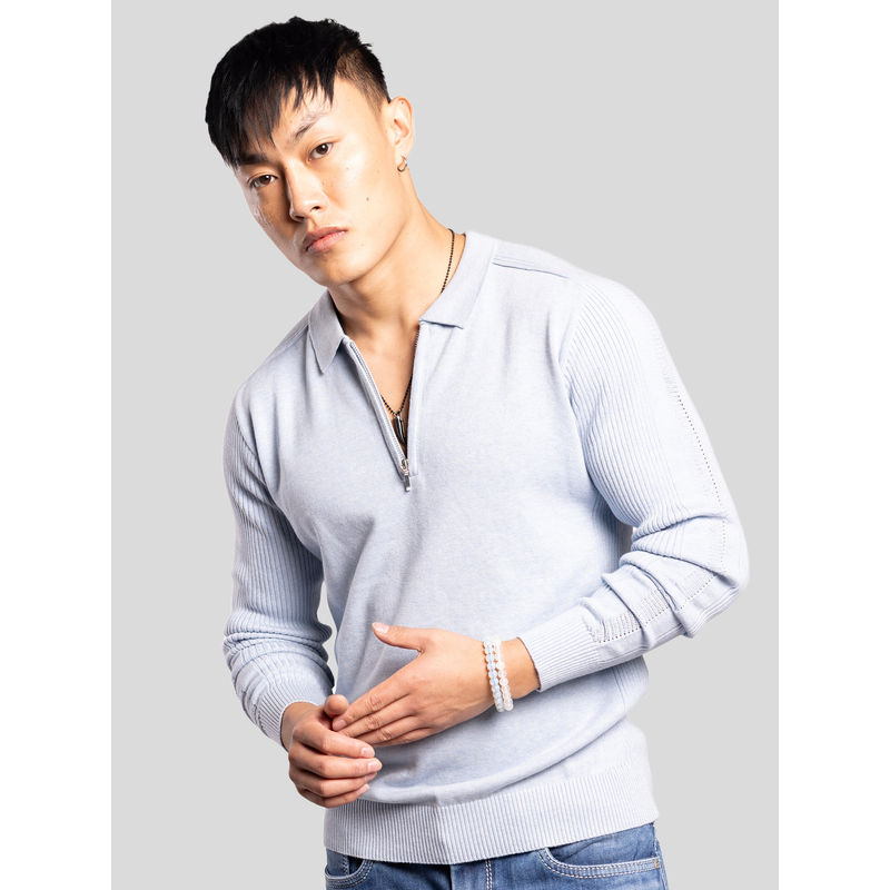 ROOKIES Sky Blue Full Sleeves Flatknit Polo T-Shirt (2XL)