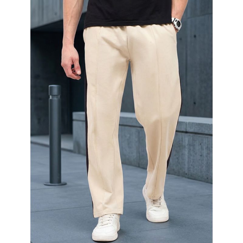 Styli Mens Beige Cotton Side Contrast Open Hem Relaxed Fit Trackpant with Zip Pockets (M)