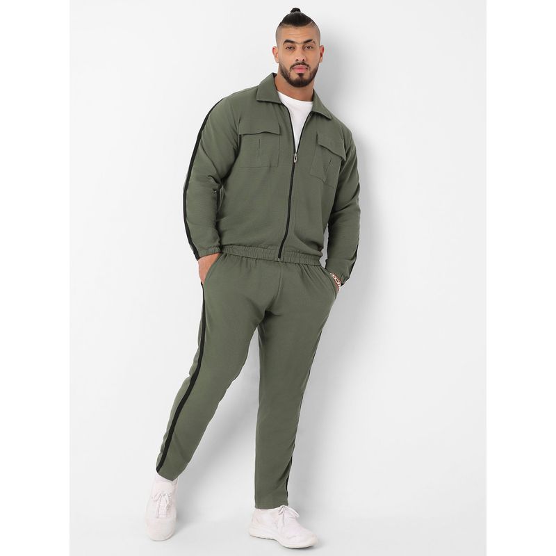 Buy Instafab Plus Men Olive Green Zip-Front Tracksuit with Flap