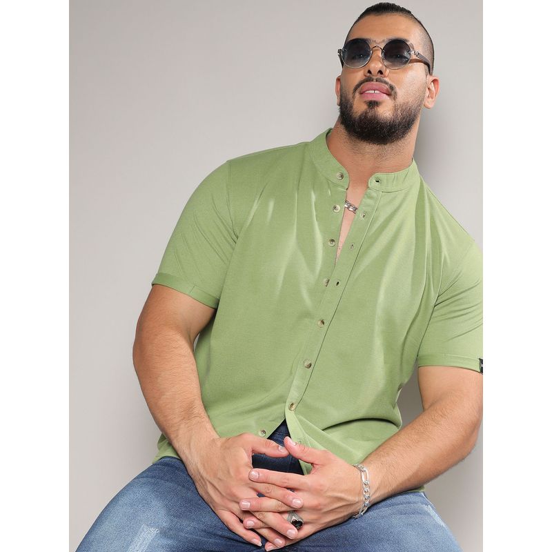 Instafab Plus Men Asparagus Green Basic Button-Up Shirt (4XL)