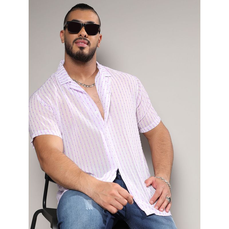 Instafab Plus Men White & Lavender Balanced Striped Shirt (3XL)