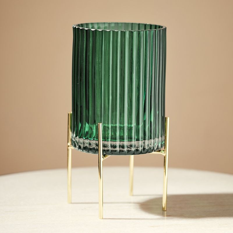 Pure Home + Living Dark Green Ribbed Glass Hurricane with Metal Stand (S)