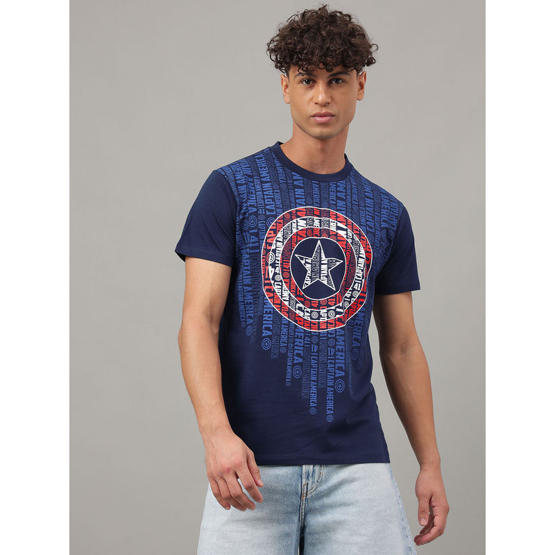 Free Authority Captain America Printed Navy Blue T-Shirt (S)