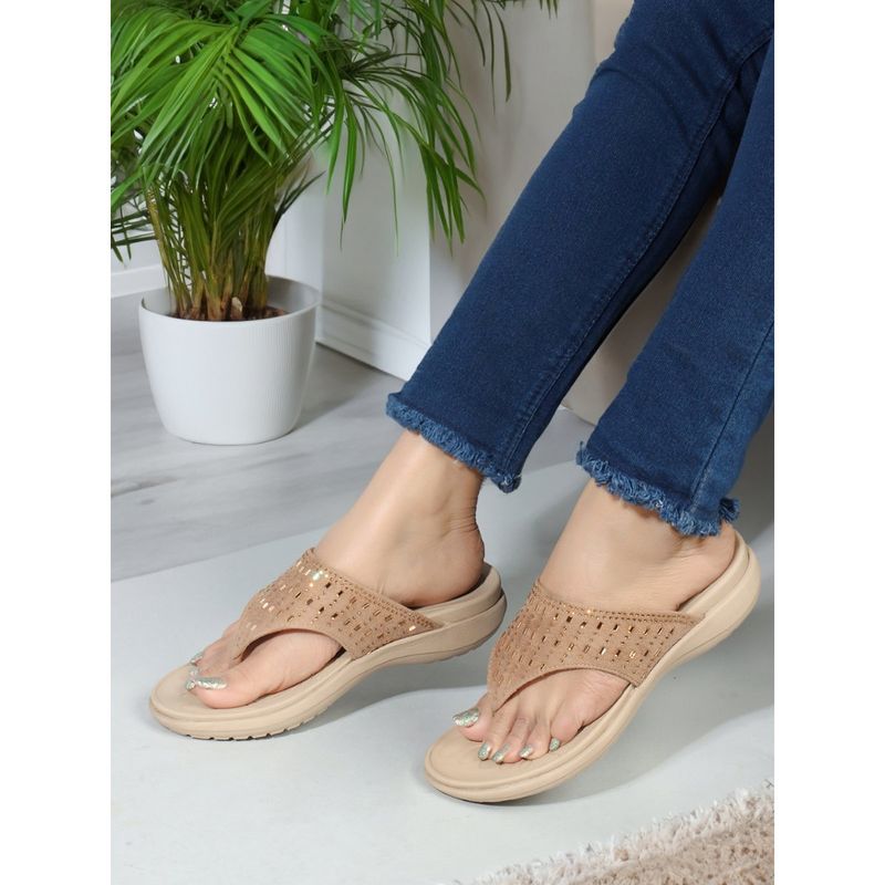 Carlton London Beige Slip-On Festive Women Sandals (EURO 37)
