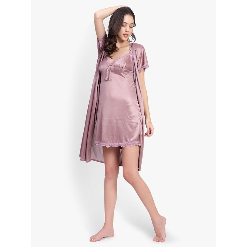 BRACHY Women Satin Self Design Short Night Dress & Robe Light Mauve (Set of 2) (M)