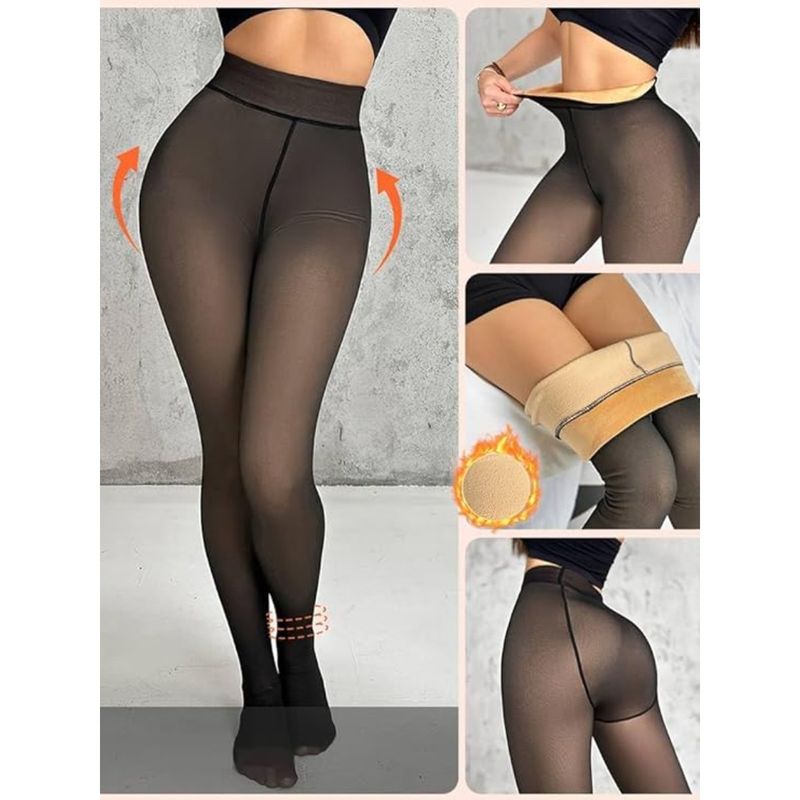BRACHY Fleece Lined Women Dual-Tone Pantyhose Stockings Black (L)