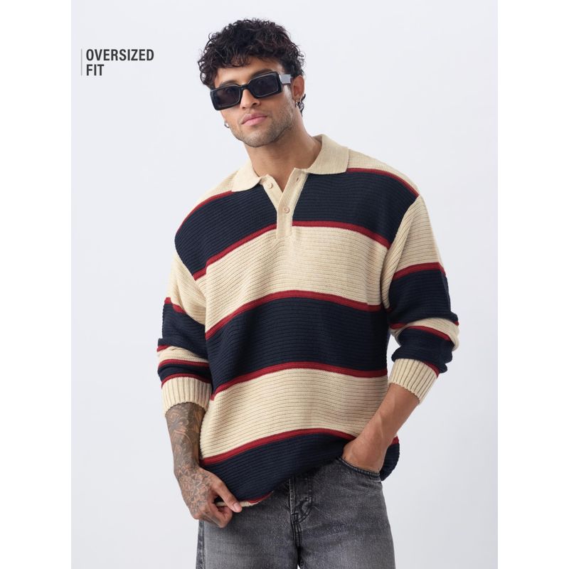 The Souled Store Textured Stripes: Retro Rugby Men Cream Oversized Sweater (M)