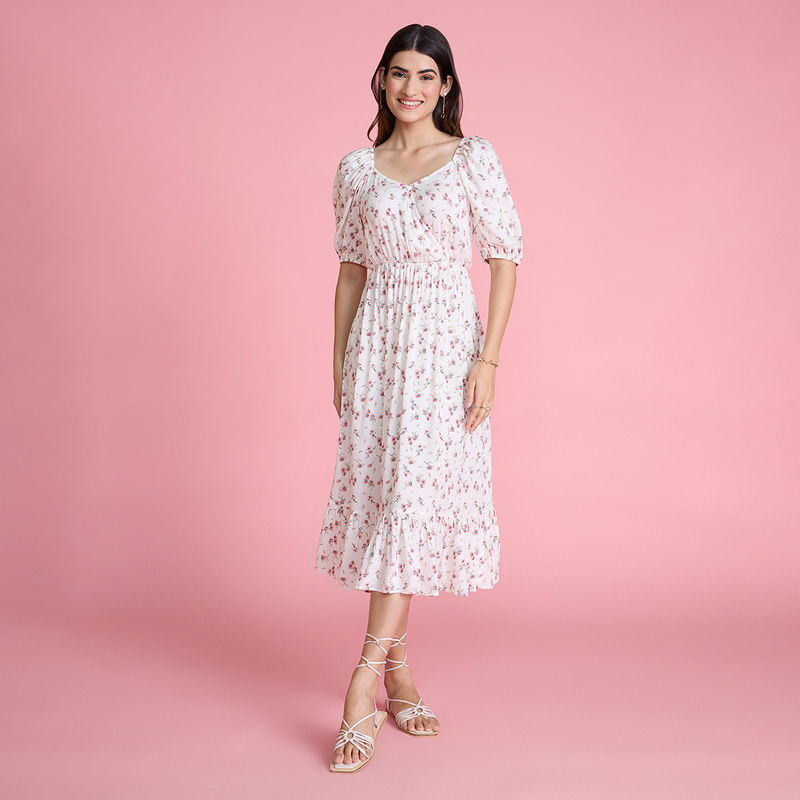Twenty Dresses by Nykaa Fashion White Printed Ruffle Floral Midi Dress (S)