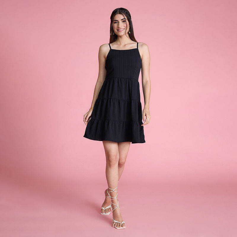 Twenty Dresses by Nykaa Fashion Black Textured Strappy Short Dress (XS)