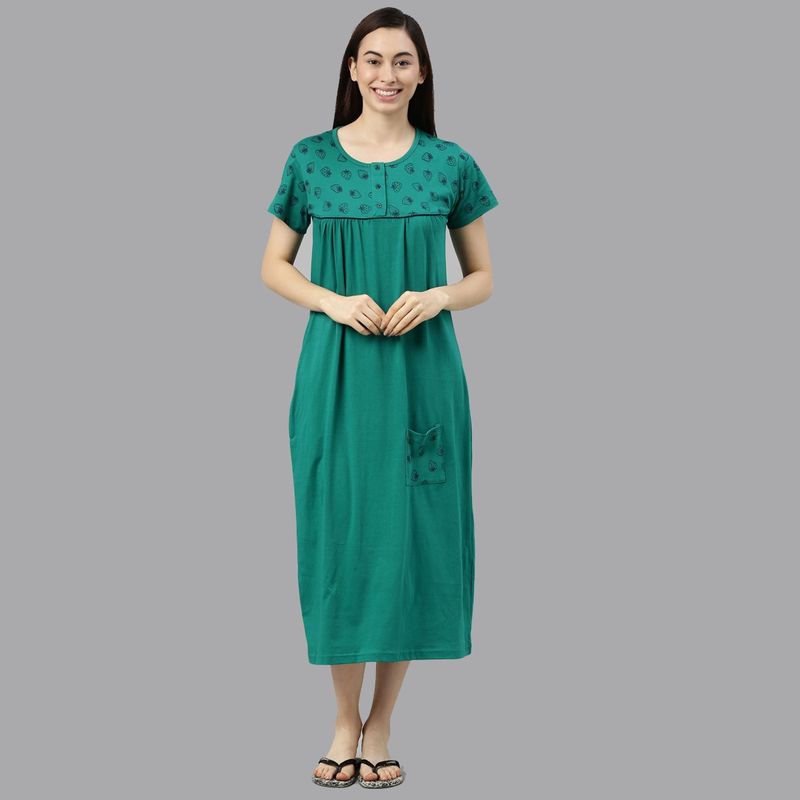 Kryptic Women Sea Green Printed Cotton Nightdress (L)