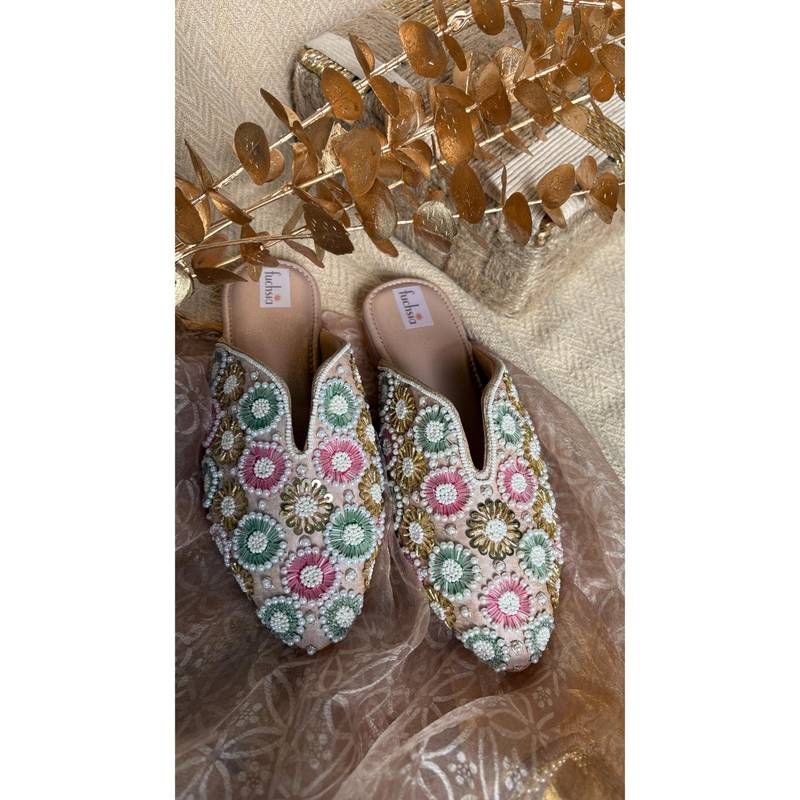 Fuchsia by Aashka Mehta Crystal Pearl Cut Mules Heels (EURO 36)