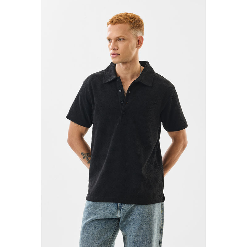 Snitch Men Black Textured Half Sleeves Slim Casual Polo T-Shirt (XS)