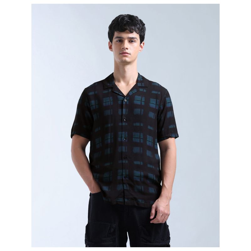 Flying Machine Men Regular Fit Checks Half Sleeves Black Shirt (42)