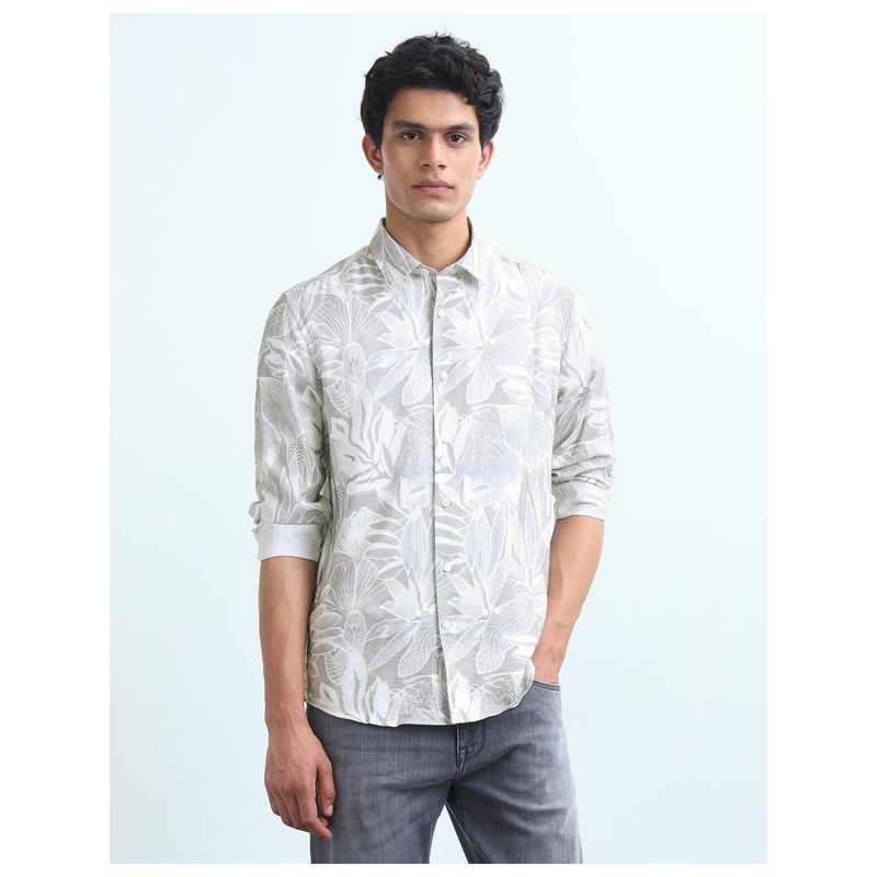 Flying Machine Grey Tropical Printed Slim Fit Shirt (42)