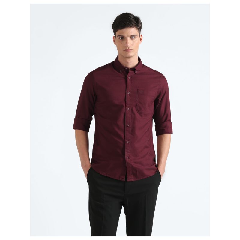 Flying Machine Maroon Solid Dobby Shirt (42)