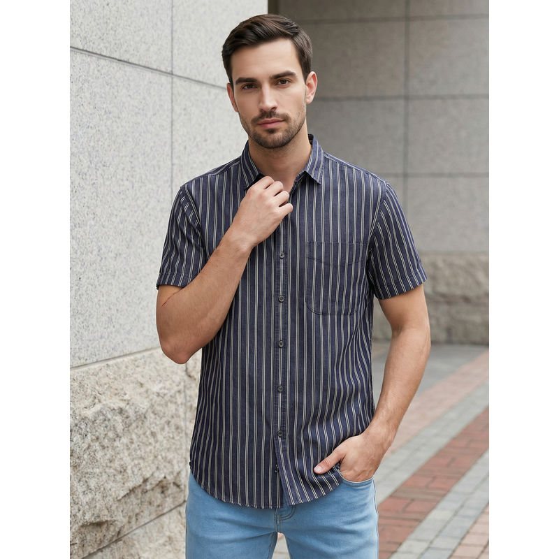 KUONS AVENUE Men Denim Striped Indigo Shirt (M)