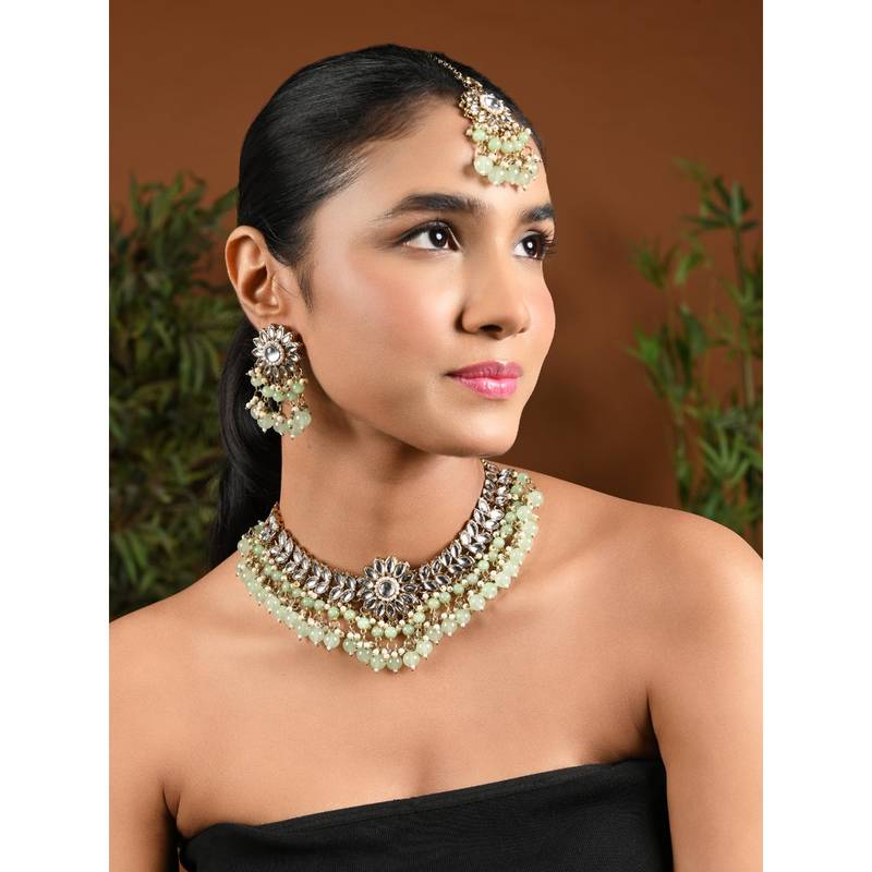 Buy I Jewels Taupe Gold Plated Traditional Kundan Mint Pearl