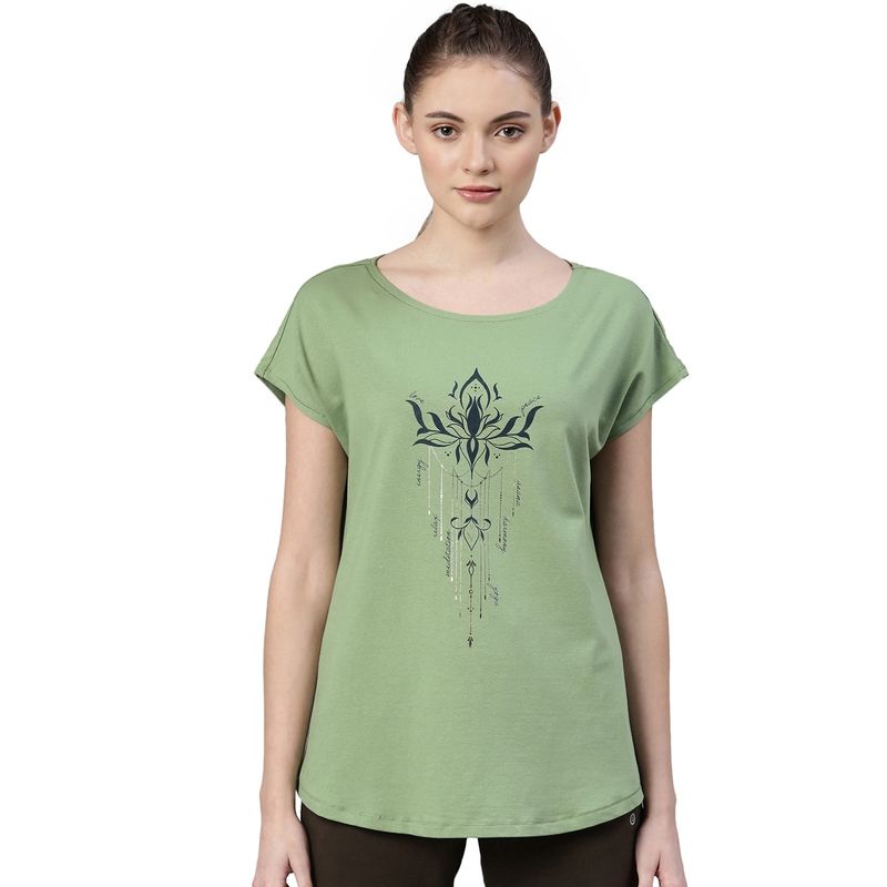 Enamor Womens Athleisure E131-Short Sleeve Boat Neck Antimicrobial Stretch Cotton Tshirt-Green (L)