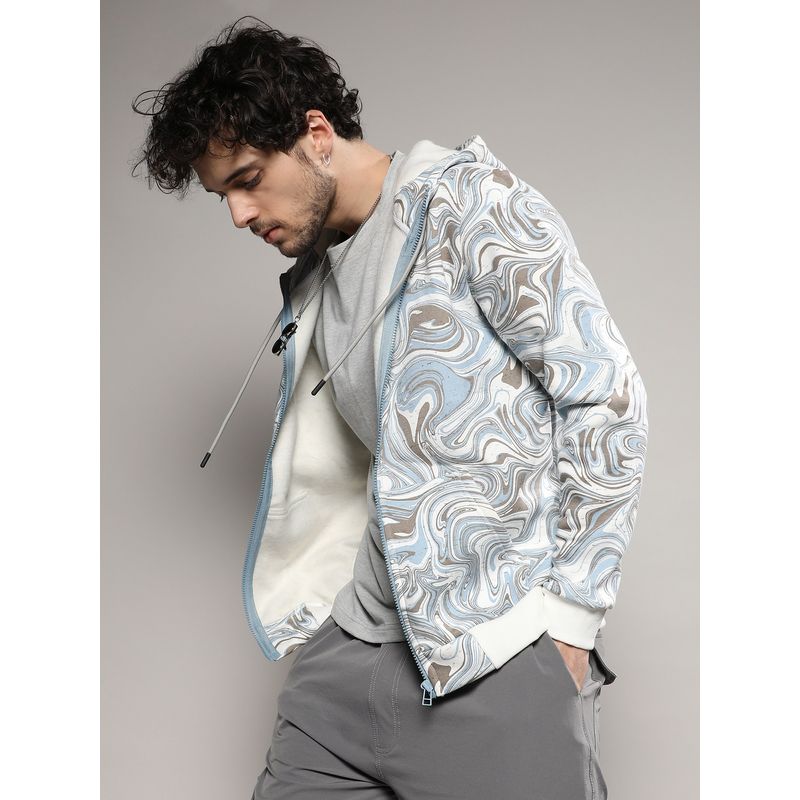 Campus Sutra Mens Icy Blue & Olive Green Contrast Fluid Zip Front Hoodie (L)