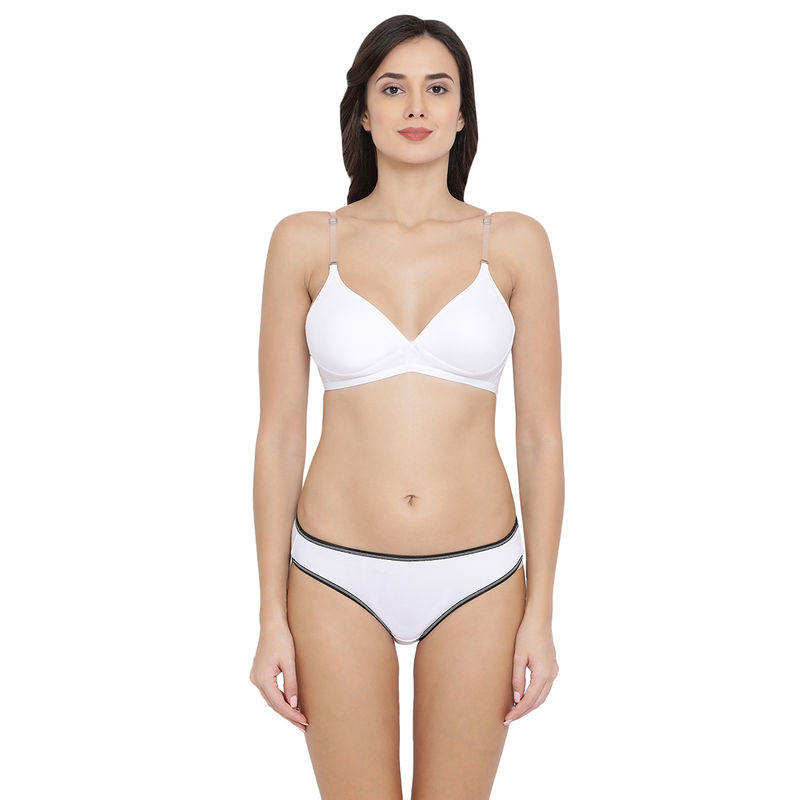 Clovia Cotton Non-Padded Non-Wired Bra With Detachable Straps & Low Waist Bikini Panty - White (40B)