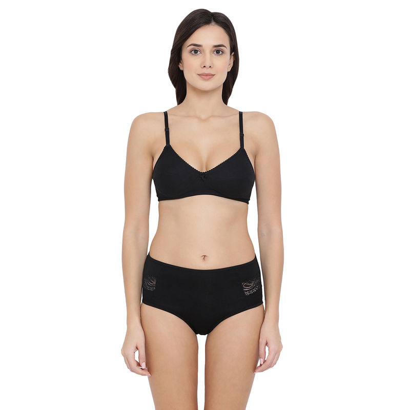 Clovia Cotton Non-Padded Non-Wired Bra & High Waist Hipster Panty - Black (36B)