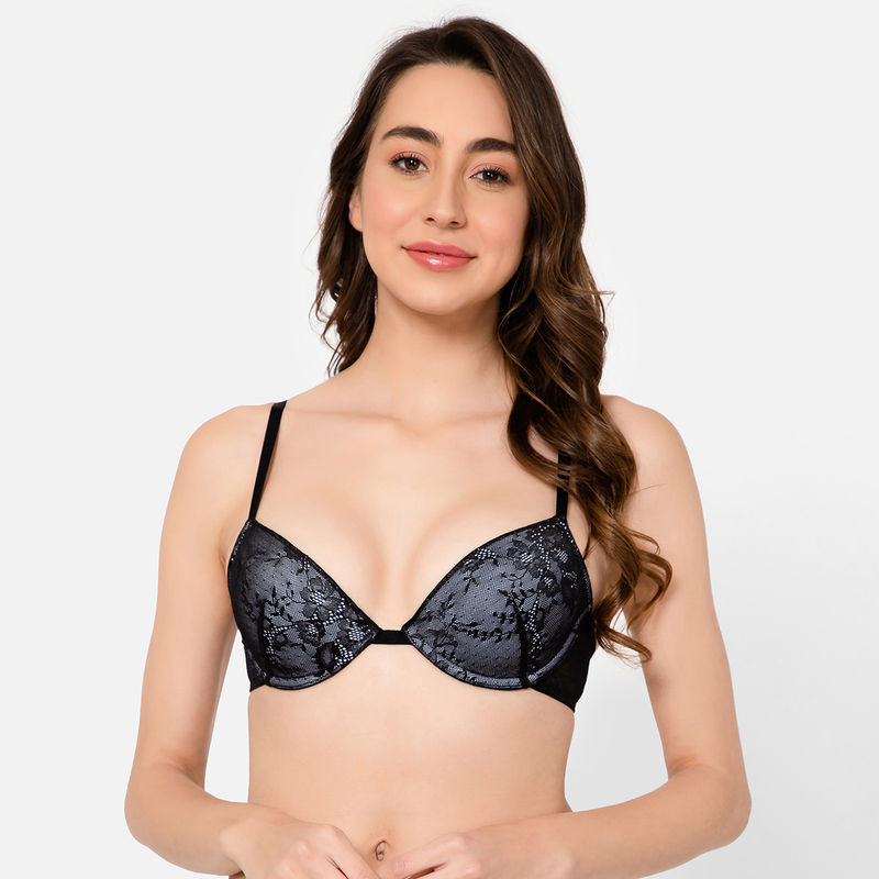 Clovia Lace Solid Padded Demi Cup Underwired T-shirt Bra - Black (40B)