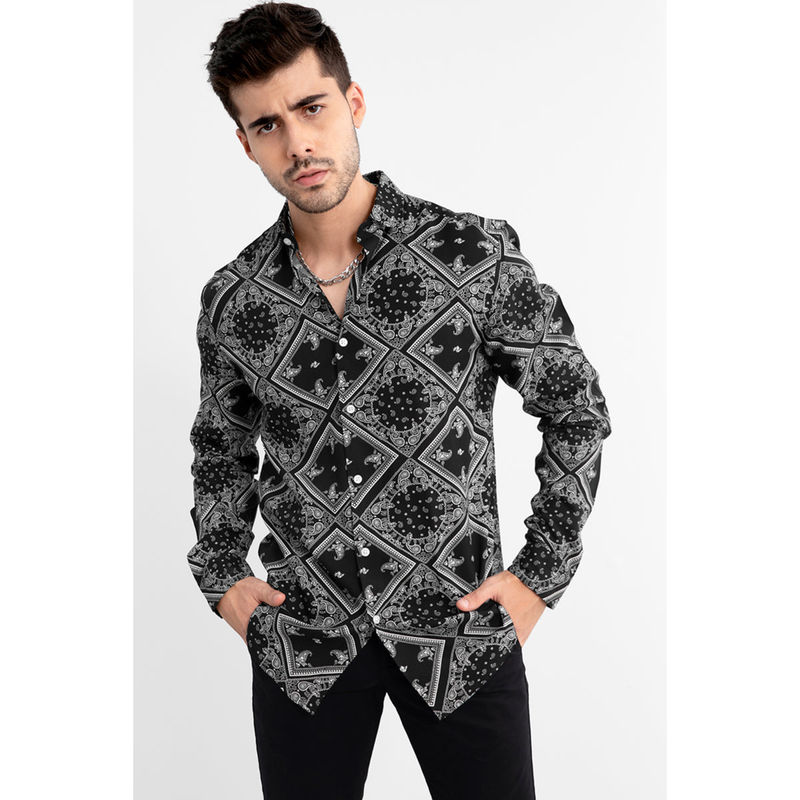 Snitch Men Mandala Paisley Print Grey Black Shirt (S)