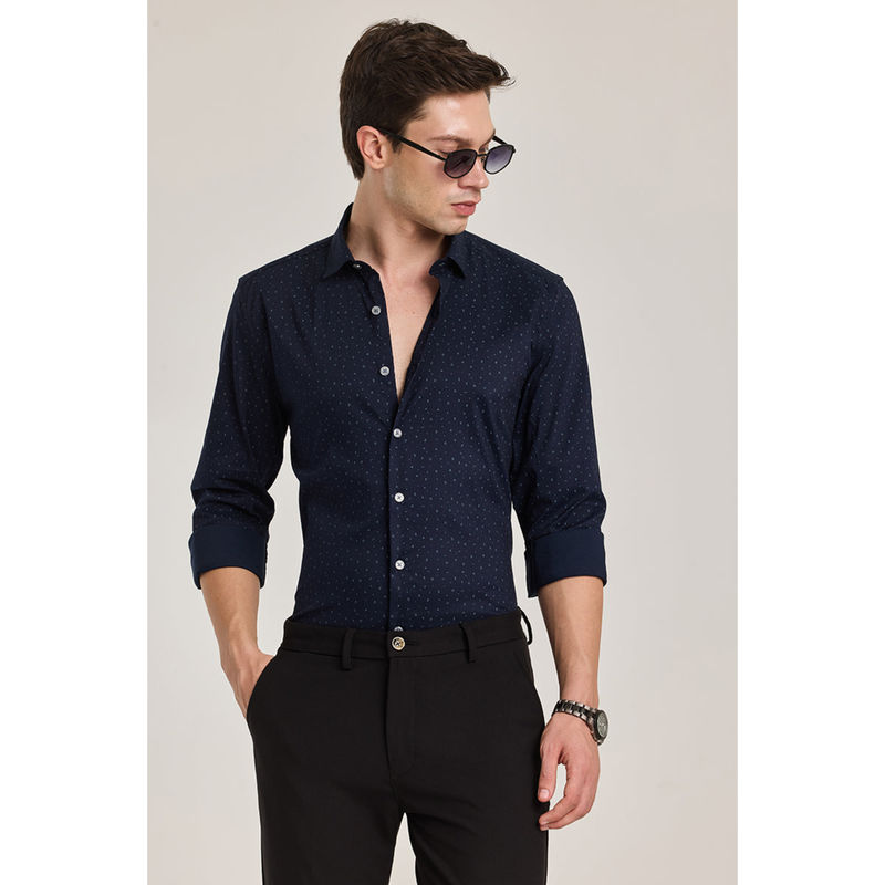Snitch Men Navy Blue Geometric Slim Fit Shirt (2XL)
