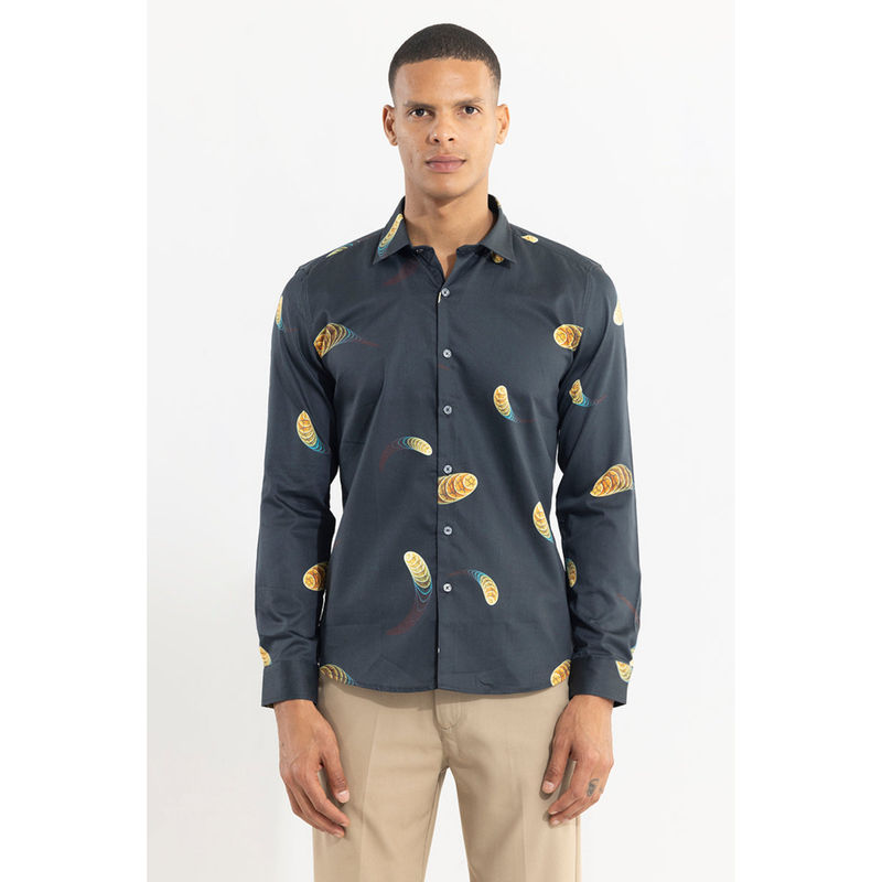 Snitch Men Swing Print Navy Blue Shirt (S)