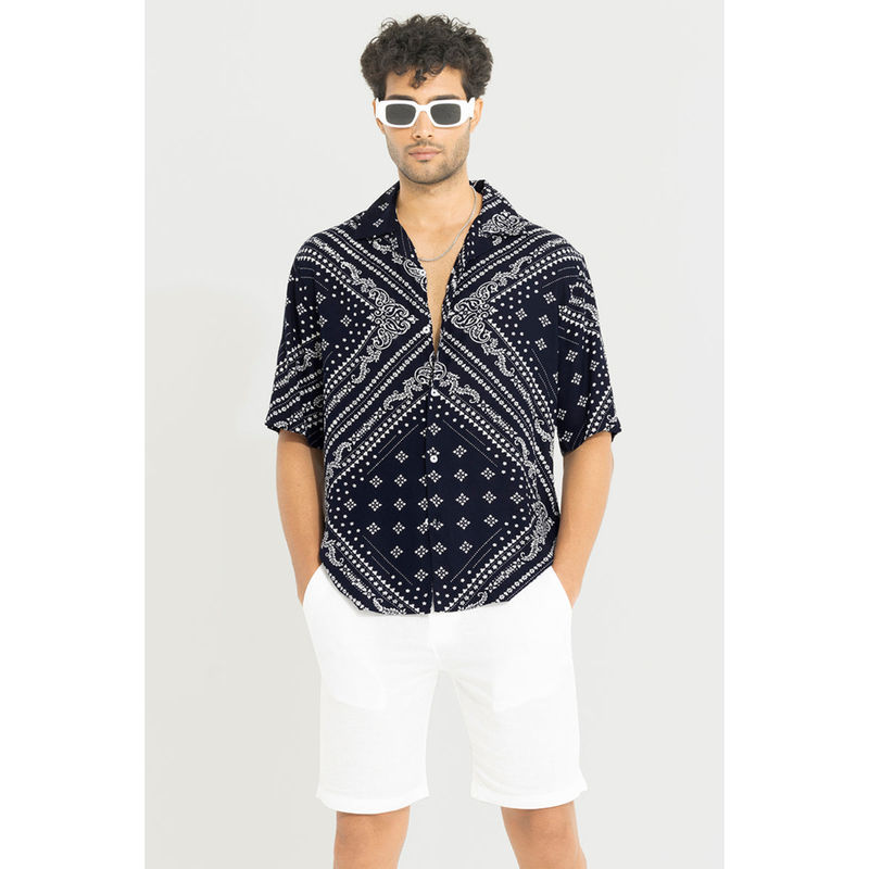Snitch Men Cosmic Square Navy Blue Oversized Shirt (M)
