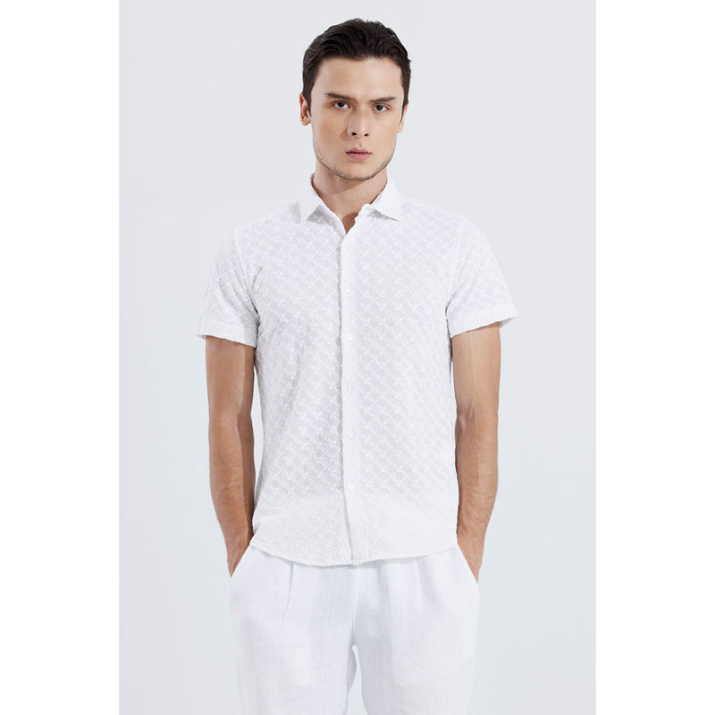 Snitch Men Two Spot White Embroidered Shirt (M)