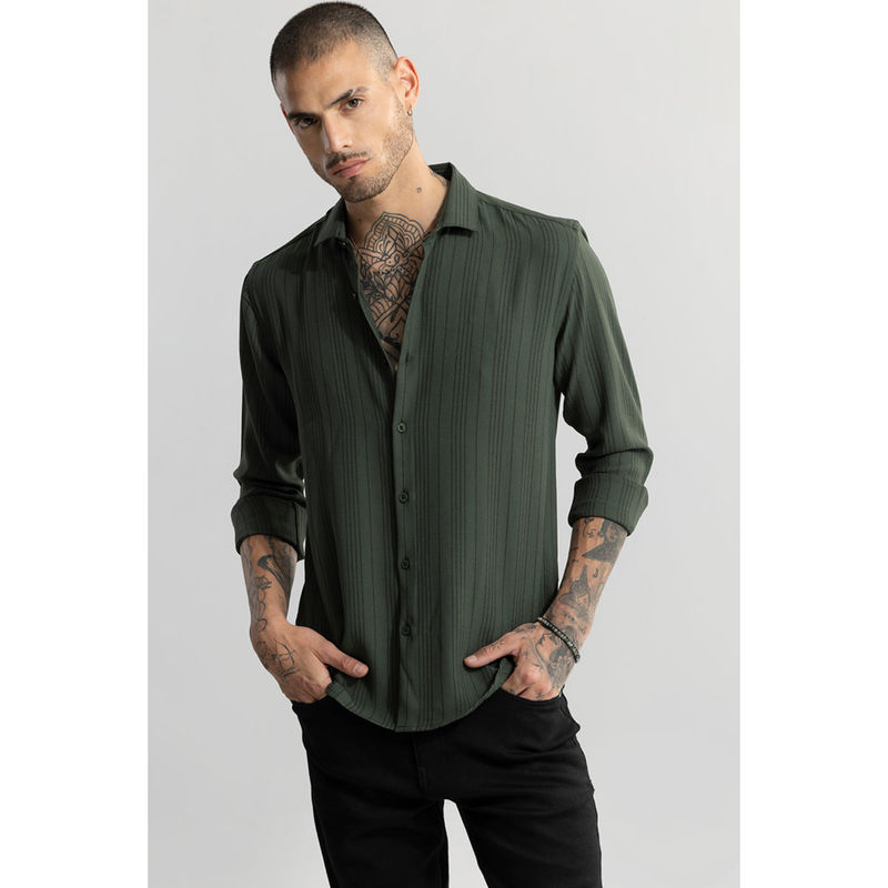Snitch Men Quartet Olive Green Stripes Shirt (S)