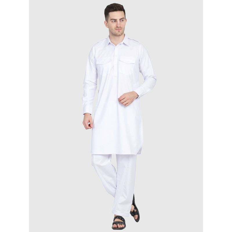 TAHVO Men Solid Pathani White Kurta with Pyjama (42)