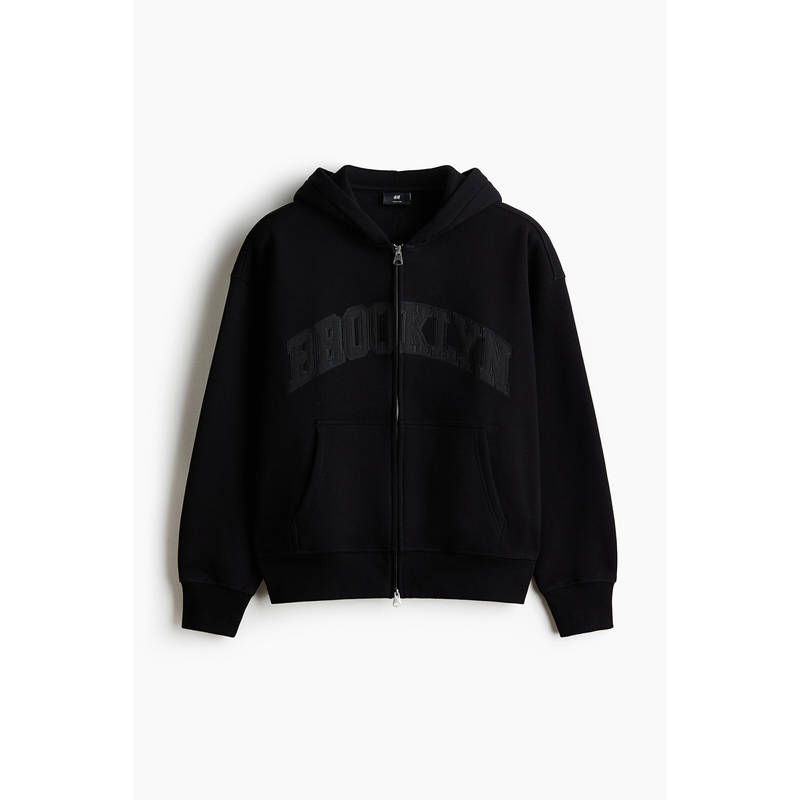 H&M Men Black Oversized Printed Hooded Jacket