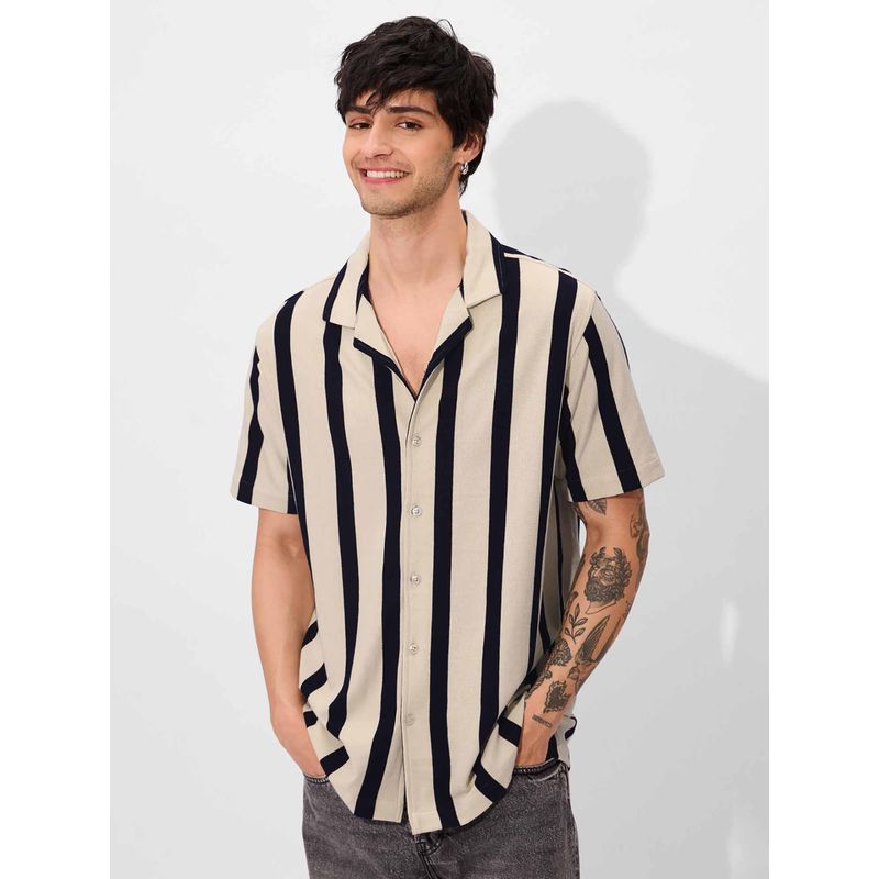 The Souled Store Stripes- Black and Off-White Men Textured Shirt (XL)