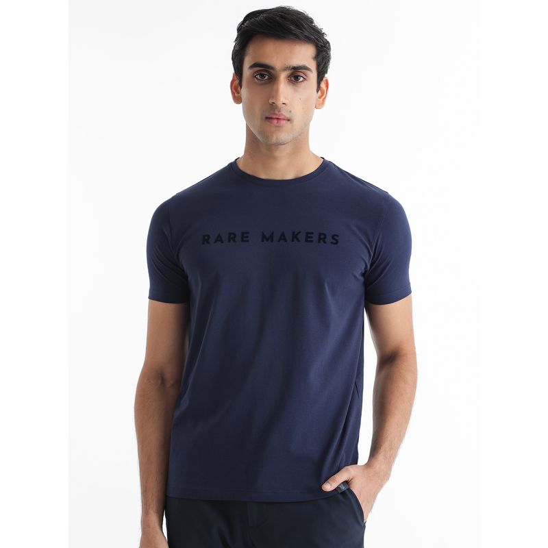 Rare Rabbit Burke Round Neck Printed T-Shirt Navy Blue (S)