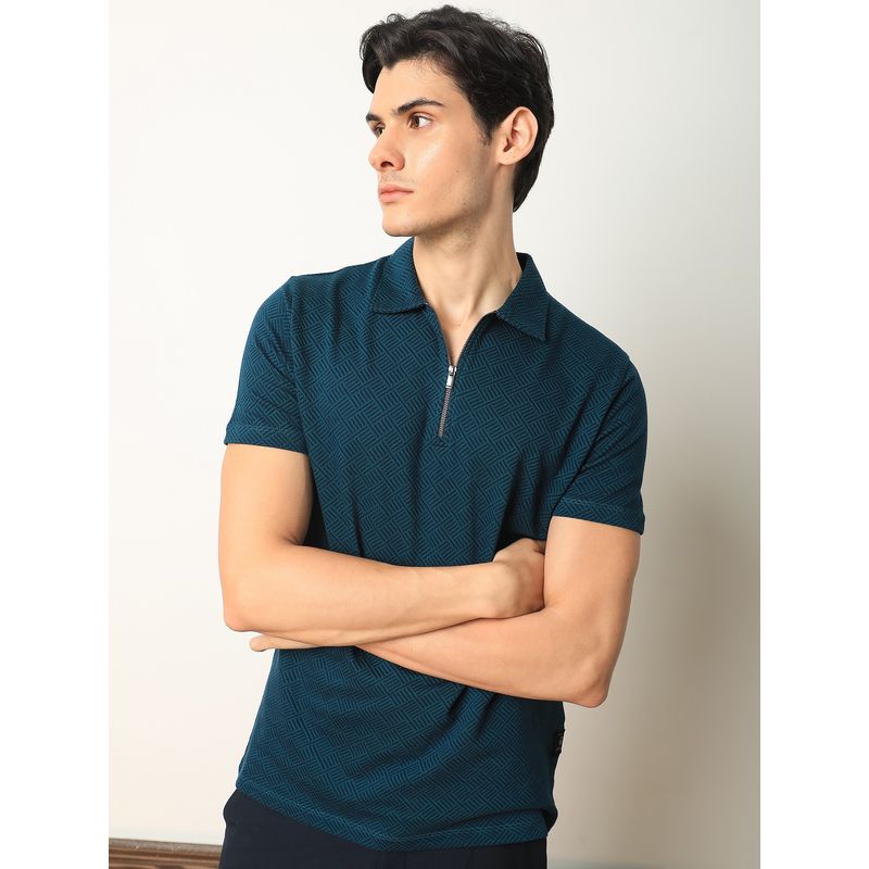 Rare Rabbit Cabetta Jacquard Polo T-Shirt with Zip Detail Green (M)