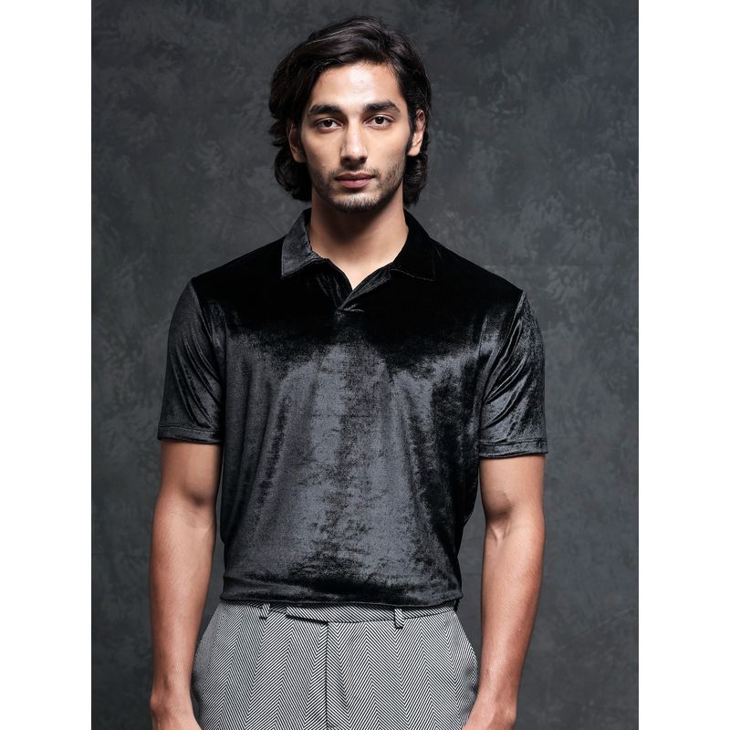 Rare Rabbit Electro Premium Velvet Solid Polo T-Shirt Black (M)