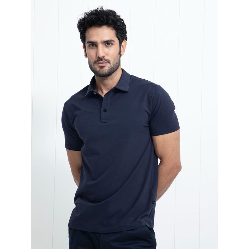 Rare Rabbit Lupin Premium Polo T-Shirt with Velvet Buttons Navy Blue (S)