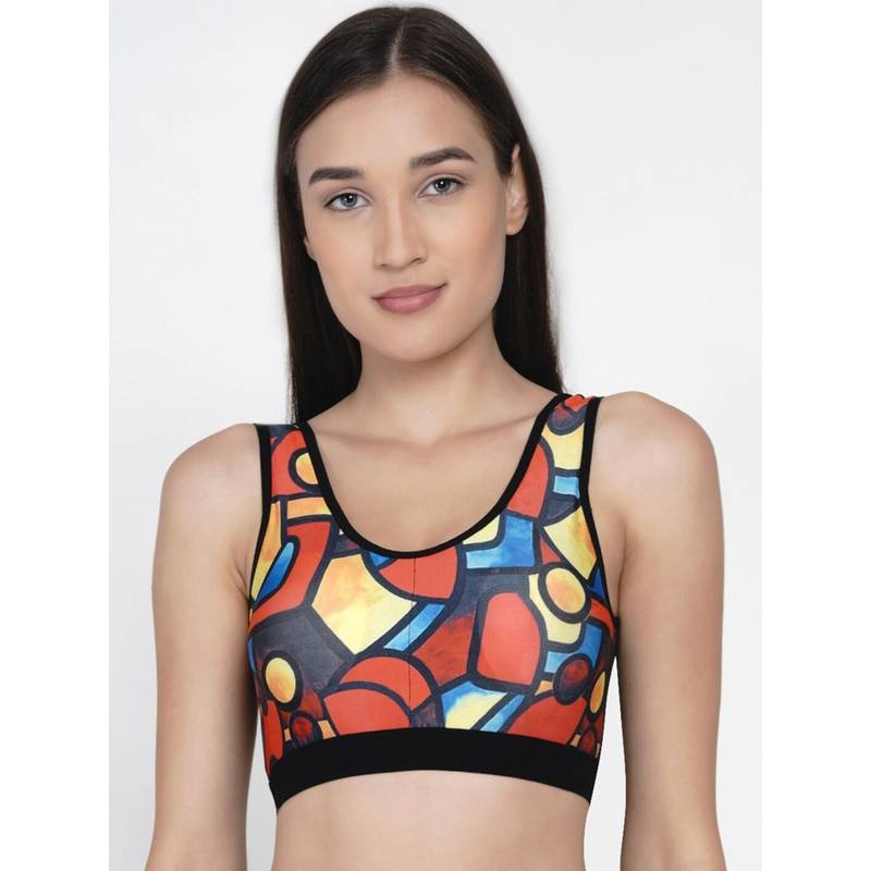 AOBA Women Multicoloured Printed Non-Wired Removable Padding Workout Bra (S)